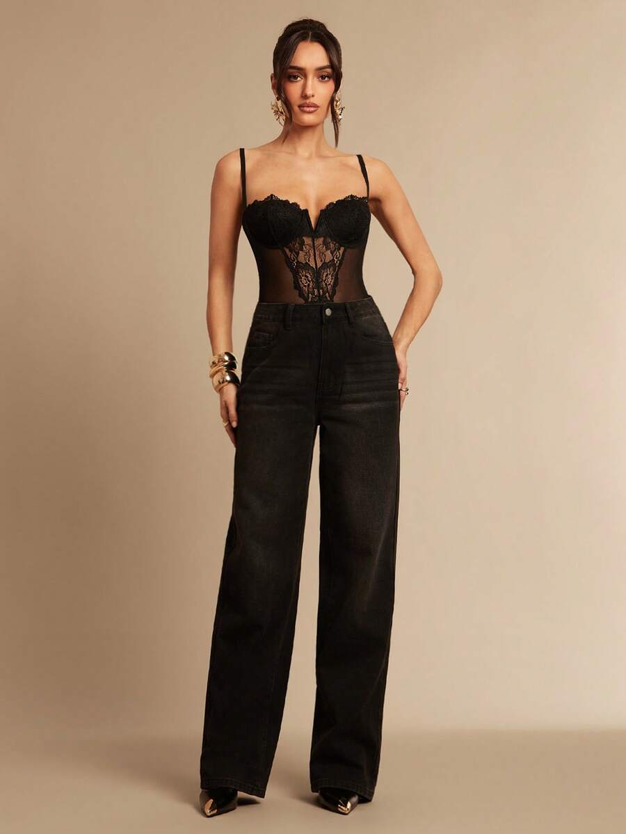 Silquee 女士撞色蕾丝网纱性感吊带连体衣 - 黑色 - 查看 1