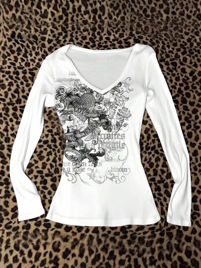 Attitoon Women's V-Neck Casual Minimalist Versatile Slim Fit Long Sleeve T-Shirt, Suitable For Matching, Airport Outfit, Heart Pattern Spring