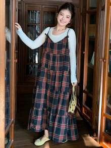 Dazy Plus 格子图案休闲圣诞新年宽松A字吊带背心，百搭 - 藏蓝色 - 查看 4