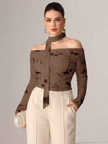 Modelyn Autumn Knitted Sexy Sheer Mesh Ribbon Print T-Shirt - Brown - View 4