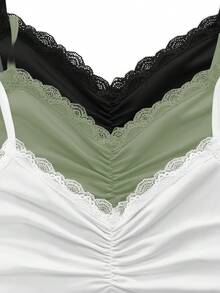 SHEIN Unity 3件套女士纯色褶皱撞色蕾丝吊带背心套装 - 彩色 - 查看 4