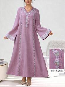 SHEIN Najma Váy Ả Rập tay dài xếp nếp viền ruy băng chắp vá cổ chữ V viền loe cho nữ - Màu tím - Xem 5