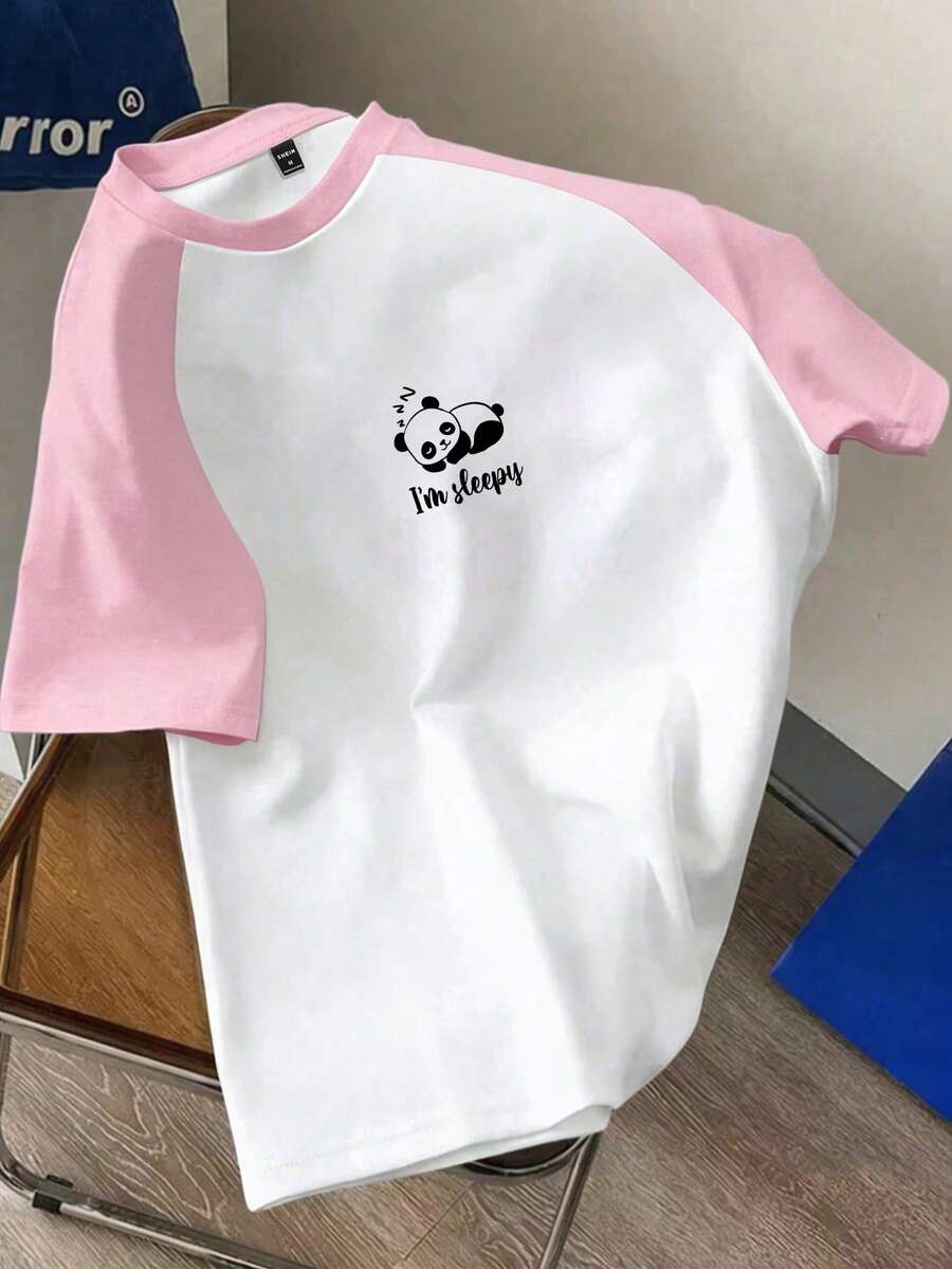 SHEIN Essnce 可爱熊猫印花,休闲简约熊猫图案圆领短袖修身T恤,女士款,略微透视夏季款 - 粉色 - 查看 1
