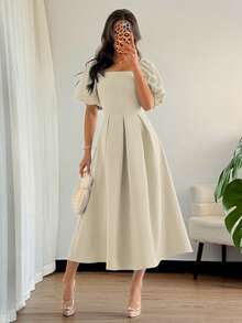 Elenzga 女士优雅简约纯色圆领荷叶边下摆A字泡泡袖短袖连衣裙，适合通勤、办公、商务、休闲、度假、下午茶、派对等场合。 - 卡其色 - 查看 6