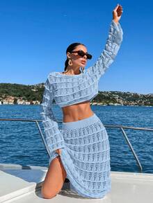 2pcs Crochet Jacquard Hollow Out Loose Fit Cover Up Set - Baby Blue - View 7