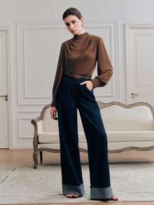 Anewsta Blusa de manga larga con diseño de cuello swing elegante y de alta calidad para mujeres - Café integral - Ver 4