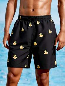 SHEIN Teen Boy Casual Cartoon Duck Print Loose Swim Trunks, Suitable For Summer