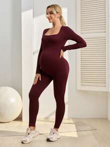 SHEIN Mono deportivo de maternidad de unicolor, de alta elasticidad y ajustado - Burdeos - Ver 3