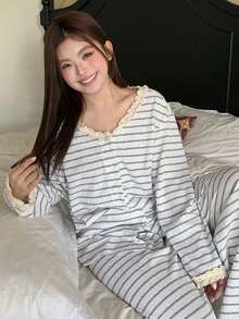 Dazy Plus Fashionable Striped Contrast Lace Loose Casual Pajama Set, Includes Top And Pants, Suitable For Spring And Autumn - Grey - View 6
