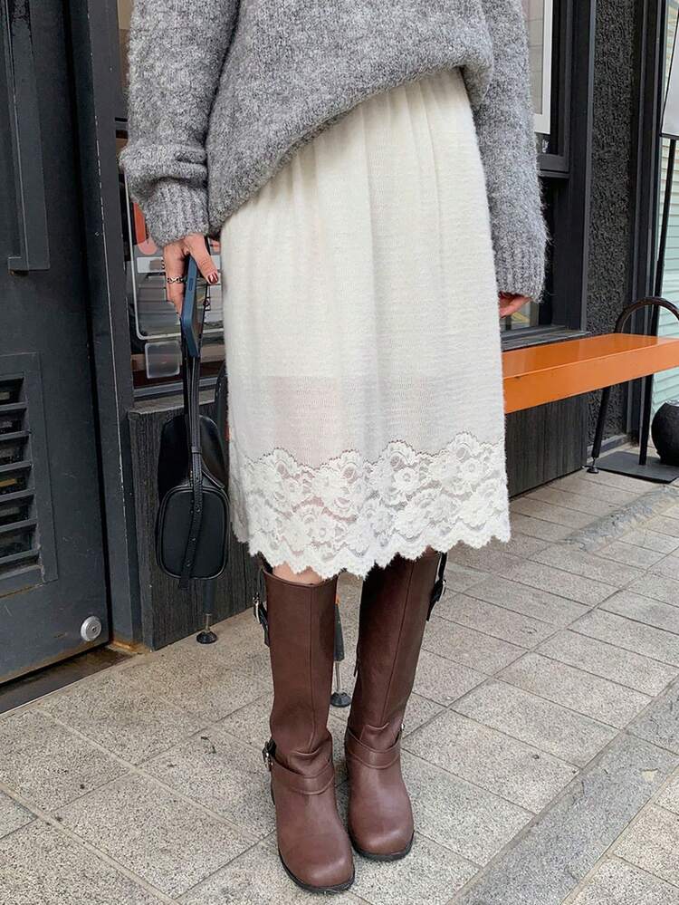 Women's Fashionable Lace Patchwork A-Line Skirt, Versatile And Slimming