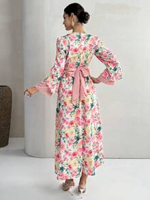 Yasmyna Women's V-Neck Floral Print Mesh Splice Elegant Waist Cinched Party Arabic Dress - Pink - View 6