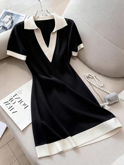 GlowEve CURVE Plus Size Women Elegant Casual Collared Color Block Bodycon Knit Dress