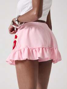 ROMWE Avant Y2K足球运动休闲卫衣和蛋糕裙，刺绣数字设计低腰迷你裙（女款） - 粉色 - 查看 5