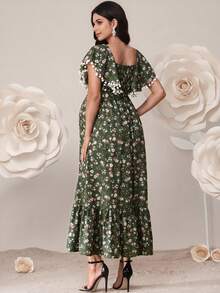 SHEIN 孕妇优雅碎花绒球装饰荷叶边连衣裙，夏季 - 綠色 - 查看 6