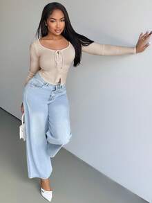Alexandranx Áo thun nữ cổ tròn dệt kim co giãn màu trơn gợi cảm dài tay ôm vừa vặn đính nút đa năng - Màu Khaki - Xem 3