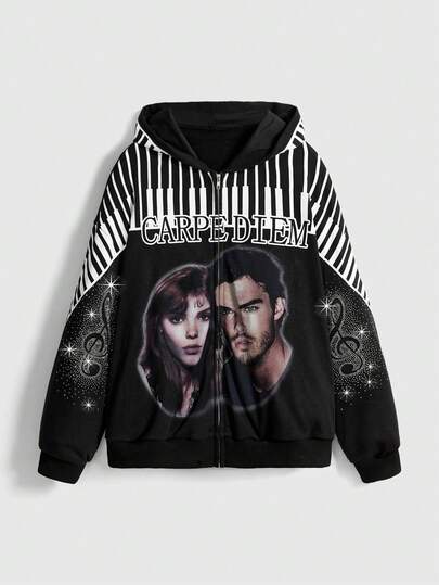 J-Fashion Y2K Streetwear Grafik Strass verzierter Loose Fit Damen Sweatshirt