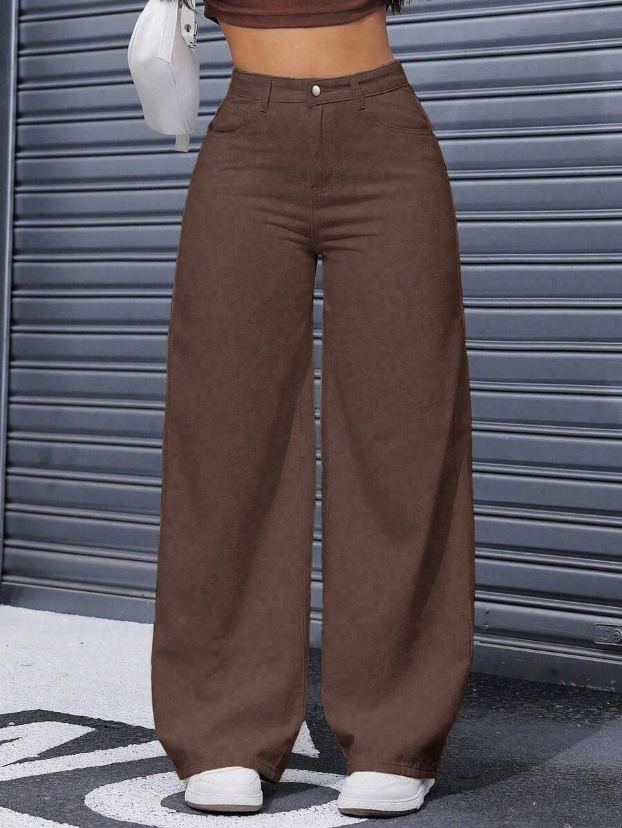 SHEIN ICON Denim Lavados de Cintura Alta e Perna Larga Casual Plus Size - Café - Visão 1