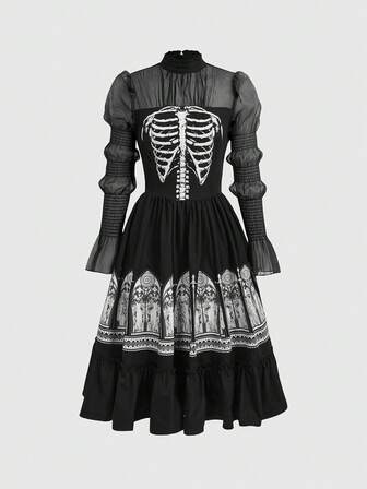 Gothic Dark Skull Skeleton Church Medieval Stone Print A-Line Midi Dress For Women