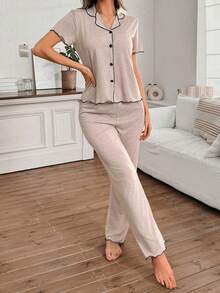 SHEIN 女式休闲宽松超大柔软垂坠轻质夏季针织卡其色荷叶边短袖上衣和裤子套装