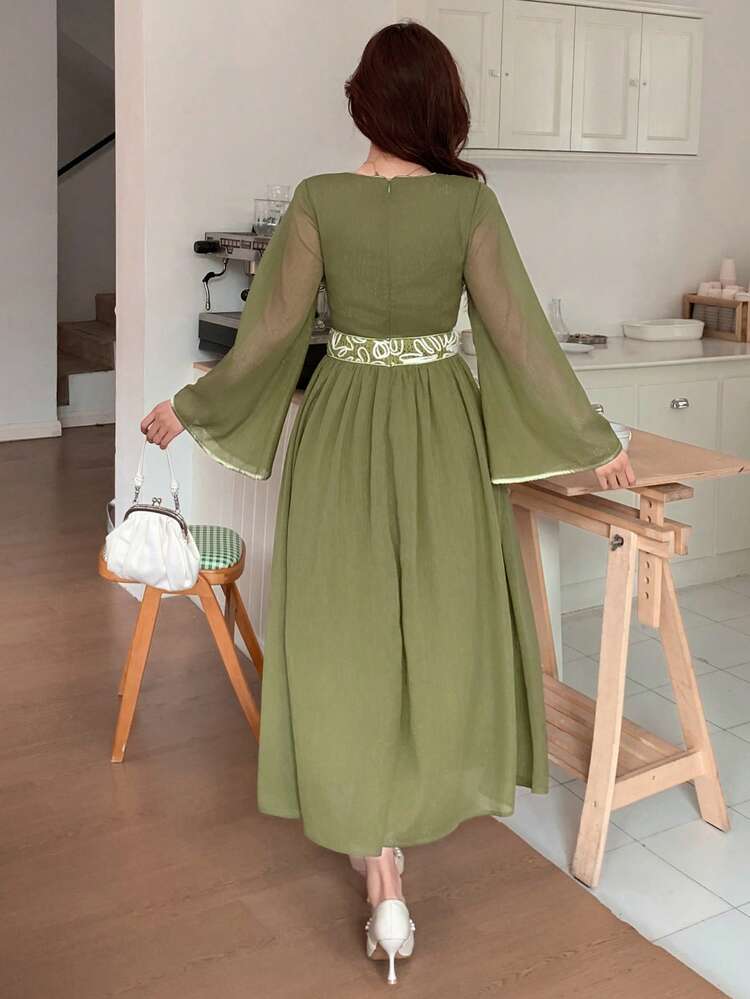 Women's Elegant Patchwork Flare Sleeve Dress, Spring/Summer Easter Sundress Floral Dresses For Women