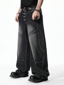 ROMWE MEN Street Life 男士翅膀印花做旧直筒牛仔裤 - 黑色 - 查看 4