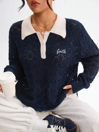 Dewbera Women's Contrast Trim Embroidered Hollow Out Long Sleeve Sweater Collared Sweater Sweaters For Women Navy Blue Top Faith Embroidered Top Knitted Sweater Embroidered Sweater Navy Blue Sweater