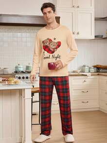 CoupledUp 2pcs Men's Heart Plaid Pajama Set, Couple Loungewear Cute Pajamas Teddy Bear Pajama Set Bear Pajamas Couple Pajama Couple Matching Pajamas Set - Multicolor - View 1