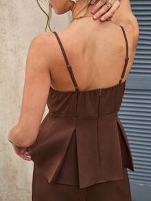 Cévolie Women's French Style Elegant Camisole Top And Wide Leg Pants Set, Casual Vacation Outfit, Spring/Summer - Brown - View 3