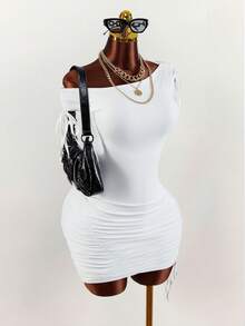 Amplova 2026 New Solid White Comfortable Asymmetric Ruched Bodycon Mini Dress For Women - White - View 9