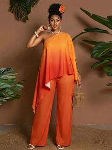 Maweii 女士春夏不对称手帕下摆上衣和阔腿裤套装，渐变彩色印花，休闲度假通勤装，时尚小众设计，优雅大码两件套 - 彩色 - 查看 1