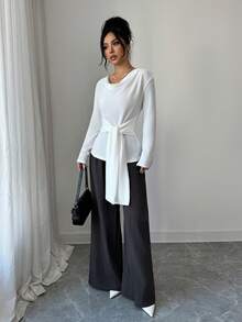 SHEIN Elenzya Bộ 2 món: Áo thun cổ tròn, eo bó và quần dài thường ngày - Xám - Xem 7