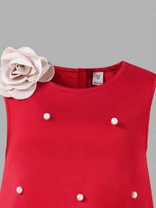 SHEIN 少女时尚派对宴会花卉3D装饰仿珍珠荷叶边无袖连衣裙 - 紅色 - View 5