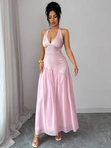 Selianne Hot Pink Summer Elegant Wedding Ninang Jacquard Patchwork Chiffon Halter Waist Flared Dress,Women's Birthday Dinner Satin Formal Dresses - Pink - View 5