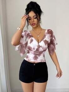 Elenzga Printed Random Cut V-Neck Ruffle Sleeve Fitted Waist Elegant Vacation Sexy Women T-Shirt, Spring/Summer - Multicolor - View 4