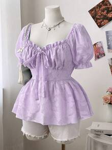 Sweetra Áo kiểu mùa hè thanh lịch, tay phồng, chất liệu vải dệt họa tiết, trang trí nơ, phong cách công chúa ngọt ngào, dáng ôm. - Màu tím - Xem 3
