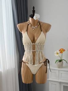 Bellisia Women's Summer Beach Halter Tie Ruffle Hem Backless Tankini And Triangle Bottoms Swimsuit Set - Beige - View 3