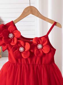 Vestido blanco para niñas con decoración floral 3D con cuentas, cintura ceñida en línea A, adecuado para fiesta de cumpleaños, verano - Rojo - Ver 5