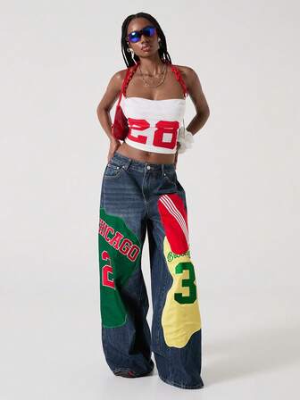 ROMWE Avant Damen Retro College Stil Patchwork Fußball Kontrastfarbe bestickte Ziffer & Buchstaben Taillenbund Weites Bein Jeans