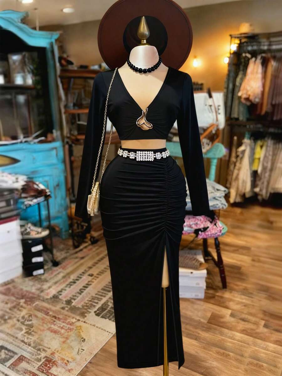 Franclia Bộ 2 món áo cổ chữ V đính kim loại, xẻ tà, phong cách lãng mạn cho nữ, thích hợp đi nghỉ mát mùa xuân/thu. - màu đen - Xem 1