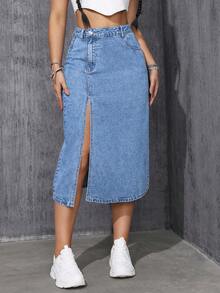 SHEIN EZwear 女士不对称设计高开衩口袋牛仔裙 - 淺色水洗藍 - 查看 5