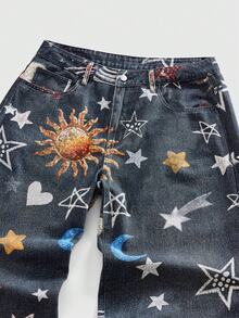 ROMWE MEN Street Life 男士日月弯刀印花斜插口袋牛仔裤 - 黑色 - 查看 9