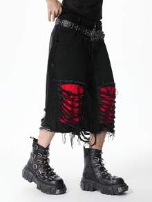 ROMWE MEN Street Life Men's Pocket Design Distressed Frayed Hem Fashionable Casual Denim Shorts - Black - View 4