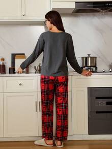 Lazeform Christmas Reindeer Plaid V-Neck Long Sleeve Top & Pants Women Casual Pajama Set, Fall Winter Clothes - Multicolor - View 4