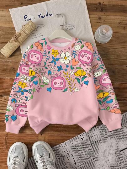 CoComelon X SHEIN Babyflicka Casual Söt Tecknat Mönster Rund Halsad Termotröja, Höst