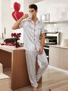 CoupledUp Elegant Gentleman Heart & Letter Print Faux Silk Lapel Men's Pajama Set - White - View 2