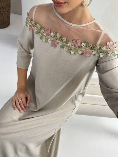 Yasmyna Women's Floral Embroidery Mesh Patchwork Casual Loose Party & Travel Long Sleeve Arabic Dress