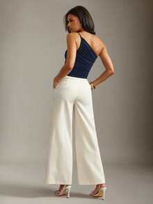 Hauture Women's Basic Casual Office Old Money One Shoulder Side Ruched Knit Jersey Brown Top - Navy Blue - View 7