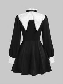 ROMWE Goth 哥特萝莉黑白蝴蝶结领连衣裙 - 黑色 - 查看 2