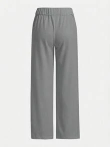 SHEIN Quần dài ống đứng dáng ôm, màu trơn, chất liệu dệt kim, kiểu dáng thường ngày, thích hợp cho bé gái tuổi teen, thích hợp mặc đi học. - Xám - Xem 2