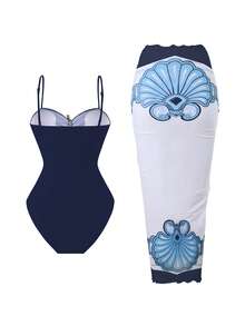 Swim Oasis 女士夏季沙滩度假镂空海星装饰褶皱连体泳衣，带系带长裙 - 藏蓝色 - 查看 2